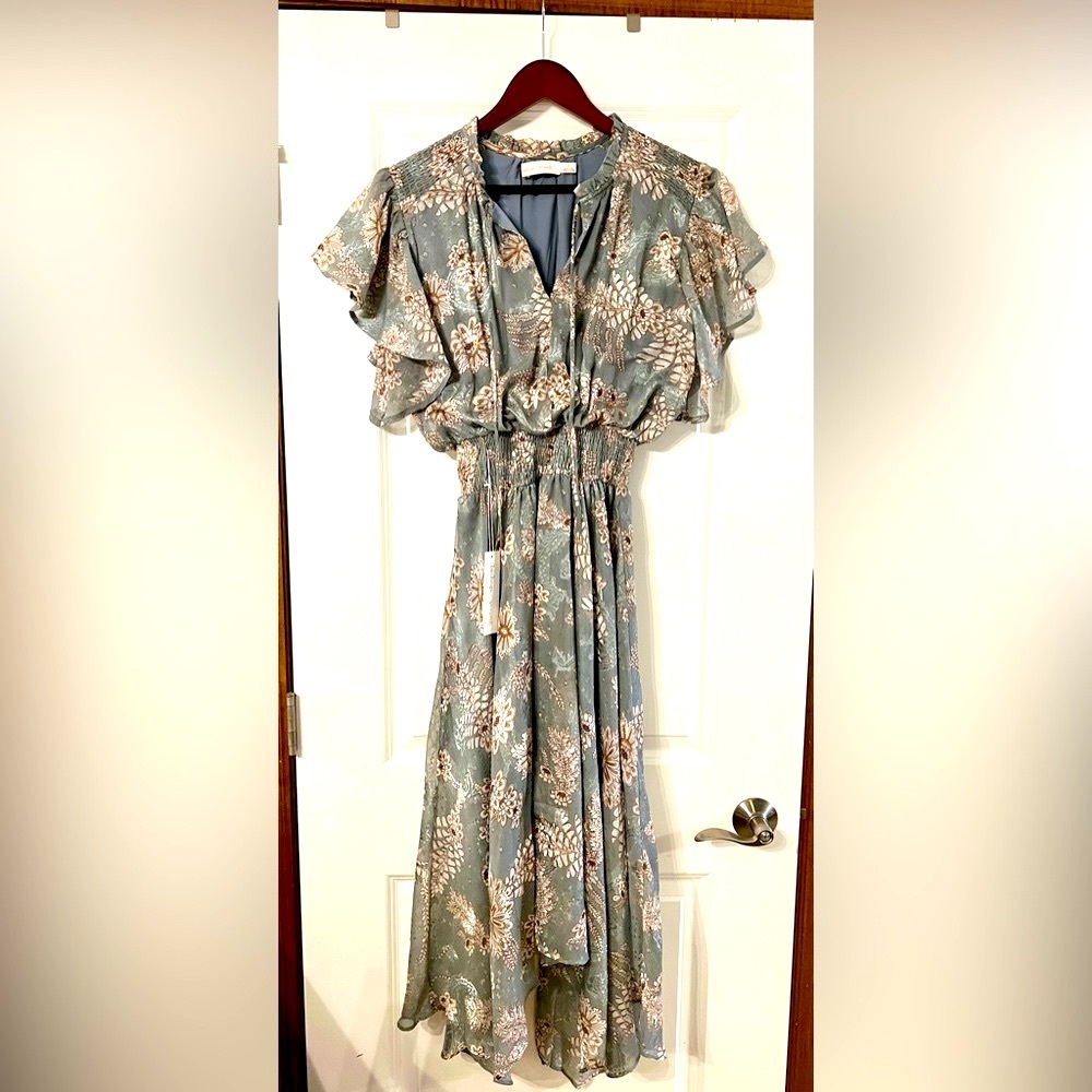 Bishop + Young dress. Dusty blue gray with print of paisley of browns and cream.